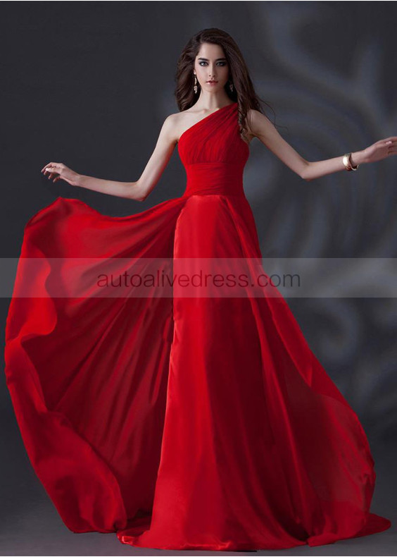 One Shoulder Red Chiffon Corset Back Minimalist Evening Dress